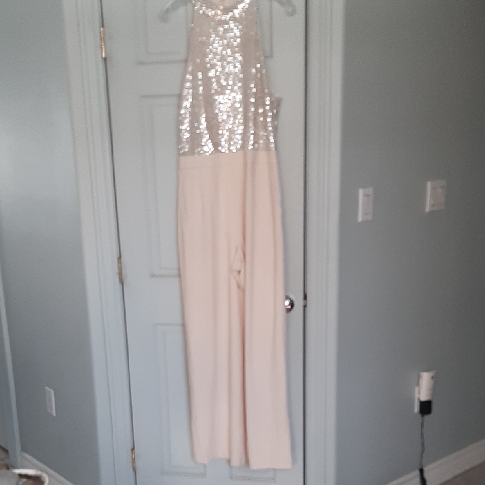 NEW๐MELANIE LYNE๐CREAM Silver Sequin WIDE LEG Jumpsuit with STRETCH Sz ML - Picture 2 of 13